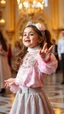 Placeholder: a 3 years old girl in modern clothing and makeup dancing with cute and joy and singging in azeri "in a modern royal hall