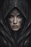 Placeholder: close up portrait shiny cat eyes woman, wearing dark hoodie, very detailed, sharp focus, random background, dark fantasy, stunning