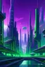 Placeholder: A futuristic hopeful busy city, purple and green color scheme.