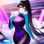 Placeholder: Clear focus, 8k, beautiful lighting, vibrant colors, girl, black hair, long hair, purple eyes, ponytail, bike outfit,