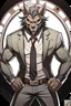 Placeholder: Buff, anthro, wolf, himbo, black fur, gold eyes, wearing a suit, full-body, muscles, strong, muscular, man boobs, bulky, tail, dark fur, smug grin, hands on hips,