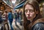 Placeholder: Huge realism photogrphic portrait, face details, on a central street of a European city, leaning on the wall of a cafeteria, a woman photorealistic style, lost gaze towards the sidewalk, behind blurreddynamism of cars, bicycles and pedestrians and shops, 16K, press photographic