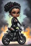 Placeholder: Create a digital airbrush illustration of a chibi cartoon full figure black female riding a sports motorcycle. She is wearing tie dye and black tights with biker boots. Prominent make up with log lashes and hazel eyes. Extremely highly detailed black shiny wavy hair up in a messy bun. Background of smoke surrounding her and the bike and she's at a bike show.