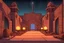 Placeholder: at night in an alley with noctilucent glass sphinxes on both sides, torches, on the desert planet Gliese, perspective, symmetry, vanishing point