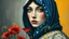 Placeholder: woman . blue and white cloak, dotted face, red poppy flowers, emotion minimalism, yellow swirls, pastel world, Dynamic , matte colors, frame effects, ((painterly)), (dark tones), muted colors, (expressive strokes), detailed, expressionist, art brut, outsider art, naive art, darkmood, míro style