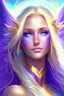 Placeholder: céleste femme, traits fins et raffinés, réaliste, charmante, douce et joyeuse, long cheveux blonds, yeux violet, bijou cosmique sur le front et au cou, avec de grandes ailes, doré, turquoise et violet