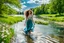 Placeholder: shot from front ,green field and wild flower field ,beautiful girl in pretty dress curly hair walking in water toward camera in trees next to wavy river with clear water and nice sands in floor.camera capture from her full body front, spring blosom walking to camera ,wild flowers moving in the wind ,blue sky,moving pretty clouds ,joy full facet.