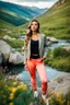 Placeholder: fullbody shot of young-beautiful-girl-with-a-perfect-face-with-make-up-wearing- sport pants and jacket standing ,geen hills ,nice nature environment ,wild flowers,clean water river with colorfull rocks in floor