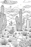 Placeholder: coloring page for kids, , A cute, harmonious desert oasis with cacti and mystical patterns., thick outline, low details, no shading, no color