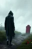 Placeholder: Imaginary Real 3D image of a ma It a man with a hood. He walks away with his back to us.In a secluded place with a small meadow Near a grave painted red and a