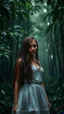 Placeholder: A beautiful young woman standing in a dramatic scene in a dense forest with A FIR BRUNCH under the rain. The background should feature raindrops falling around the leaves.