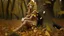 Placeholder: woman made of tiny autumn leaves, legs and arms made from branches, sitting next to a tree stump, in an autumn wood