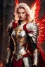 Placeholder: Gorgeous Photography Beautiful Woman dressing silver and golden knight armor with glowing red eyes, and a ghostly red flowing cape, crimson trim flows throughout the armor, golden and silver spikes erupt from the shoulder pads, silver and gold angel wings, crimson hair, spikes erupting from the shoulder pads and gauntlets in hellfire background