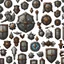 Placeholder: Sprite sheet, shield, icons, survival game, white background, ,
