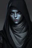 Placeholder: female warforged artificer with smooth silver skin, black clothing and hood, her lower face covered and with blue eyes