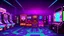 Placeholder: A dark photo of the corners of an 80's aesthetics arcade at night, with a lot of functioning arcade machines, a vaporwave floor and some colorful tiles in between the floor. Purple aesthetics.