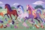 Placeholder: illustration fantasy horses of different colors in a field from afar