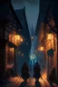 Placeholder: A street in Vallaki in the late evening with in the distance Izek Strazni, the captain of the guard, together with two guards. A fantasy RPG style image.