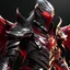 Placeholder: silver and crimson knight armor with glowing red eyes, and a ghostly red flowing cape, crimson trim flows throughout the armor, the helmet is fully covering the face, black and red spikes erupt from the shoulder pads, crimson and gold angel wings are erupting from the back, crimson hair, spikes erupting from the shoulder pads and gauntlets