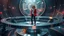 Placeholder: picture of a very huge real working physic based gyroscope with mirror surfaces in a inter star environment ,a very pretty lady with modern future clothing boots standing on main turning disk of gyroscope.1x1.