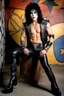 Placeholder: text 'KISS' - head and shoulders portrait, KISS - muscular 20-year-old Paul Stanley, Black star on right eye, Chest and stomach hair, rose tattoo on right shoulder, black spandex and leather, 8-inch high platform boots, - a multicolored cement wall in the background,