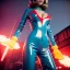 Placeholder: retro sci-fi press image, explosions supermarket from 1960, sweet young Jane Fonda, tight latex suit, weapon, fighting stance, soft color, highly detailed, unreal engine 5, ray tracing, RTX, lumen lighting, ultra detail, volumetric lighting, 3d, finely drawn, high definition, high resolution.