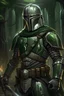 Placeholder: A Mandalorian warrior wearing dark green and gunmetal grey beskar armor. He wields an Amban sniper wiflee and vibrosword. His right shouler bears the insignia of the Tuk'ata.