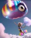 Placeholder: Ultra realistic speed clouds sky scene, wide angle view, sweet childs falling down, inflatable color clothing, free jumping flying, many trinkets, monster head, hair monster, many jelly beans, balls, smile, happy, circus style, extreme, wind, clouds sea, 20,000 feet altitude, stratosphere, soft color, highly detailed, unreal engine 5, ray tracing, RTX, lumen lighting, ultra detail, volumetric lighting, 3d, finely drawn, high definition, high resolution.