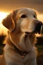 Placeholder: Portrait of a golden retriever with a collar on that ses sunset