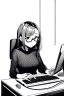 Placeholder: girl with glasses works on a computer in a cafe, line arts, greyscale