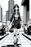 Placeholder: girl walk on the streets, manga style, line arts illustration