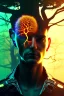 Placeholder: Cyberpunk theme, portrait of Oak tree roots holding man inside, misty sunny day, close-up portrait, symbiosis