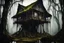 Placeholder: A monstrous , ramshackle witches shack, set on stilts, exuding a malevolent light, in a dark cypress swamp overhung with Spanish moss , in the style of , Alex Pardee, muted natural color, sharp focus, ethereal , dark and foreboding