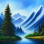 Placeholder: bob ross, painting, faraway mountains, misty mountain peaks, forest-covered hills, valley