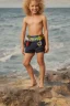 Placeholder: full body image of a beautiful 12 year old boy with long, blonde curly hair and light blue eyes, smiling, shirtless, in front of an distant beach, 8k