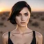 Placeholder: beautiful white girl, jawline, almond eyes, soft arch eyebrows, big lips, black short hair, black mini dress, sunset, desert