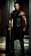 Placeholder: Jason David Frank as a Very muscular alpha male with short hair and tribal tattoos piercings wearing a black armani suit , standing in a doorway