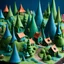 Placeholder: Detailed cozy village made of modeling clay, decal, 3d, naïve, strong texture, extreme detail, Max Ernst, Yves Tanguy, green and blue, rich moody colors, sparkles, Yves Tanguy