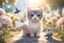 Placeholder: two cute anime chibi cats on either side of the picture looking at a pigeon in the top centre of the picture, flying with an envelope in its mouth in sunshine, flowerfield, ethereal, cinematic postprocessing, bokeh, dof