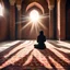 Placeholder: Hyper Realistic Photographic-Back-Center-View Of A Muslim-Female Praying in a Brick-Mosque with sun-rays coming from the Islamic-Architectural-Window-in-front-of-her on prehistoric-carpet showing dramatic & cinematic ambiance.