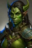 Placeholder: generate a dungeons and dragons character portrait of a female orc. She has green skin, black braided hair and blue eyes. She is wearing brown leather armour.
