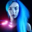 Placeholder: cyberpunk, head, woman, rendering, blue hair, electric circuits in vackgound, lights, high contrast