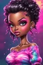 Placeholder: vibrant psychedelic comic book image, airbrush, 48k, cartoon art of a chibi curvy black female wearing torn jeans pants and a pink tie dye off the shoulder blouse. Prominent make up with lush lashes. Highly detailed sleek wavy ponytail