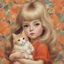 Placeholder: 1970s, blond Little girl singing, in red, long hair parted in the middle, hugging an orange cat, in the style of Margaret Keane, huge brown eyes, flowered wallpaper,