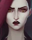 Placeholder: woman vampire, pale skin, brown long hair, galaxy cloak, blue eyes, very red lips, prominent cheek bones, slightly gaint face