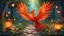 Placeholder: Slavic mythology fantasy illustration for bedtime story: enchanting garden with lush greenery and a beautiful stone winding path, with small tiny lanterns in the trees. Depict only one creature the Firebird. The feathers of the Firebird are vibrant red, orange, and gold, each one glowing with an otherworldly brilliance.