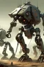 Placeholder: futuristic mech walkers with big guns adorned in communist iconography battling giant ants