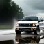 Placeholder: hyperrealistic shot, speeding 4x4 truck, monotone color palette, sharp focus, puddle reflec1tion, tire mud splashes, refraction, mist on the horizon, thunder and lightning, overcast shadow, detailed and intricate, cinematic composition, 8k, micro, tilt shift photography, bokeh