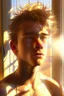 Placeholder: A hyper-realistic portrait of an athletic teen boy with honey brown eyes, thick golden blond hair, cute, innocent and content, looking out a window, a hint of facial hair, shirtless, slim and lean body, slightly tanned, inside an empty room with warm sunlight streaming in, detailed, high definition, 4K, 8K, quality render, photo realistic