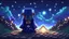 Placeholder: Minecraft Character, minecraft theme, purple starry sky, meditating, aesthetic, facing back, wearing gown, chinese theme,